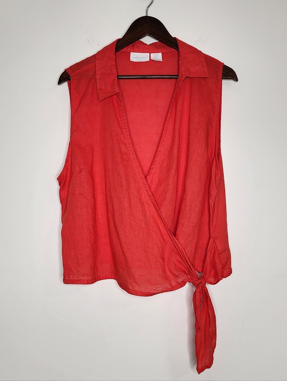 Cynthia Rowley Vibrant Red 100% Linen Sleeveless Tie-Front Wrap Top XL Summer